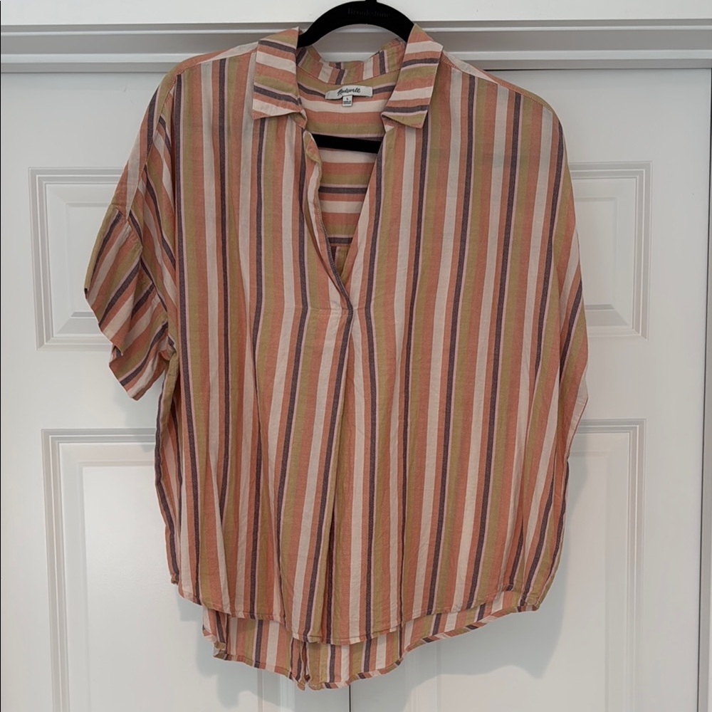 Madewell Brown and Orange Button Down Shirt with Notched Collar and 3/4 Sleeves